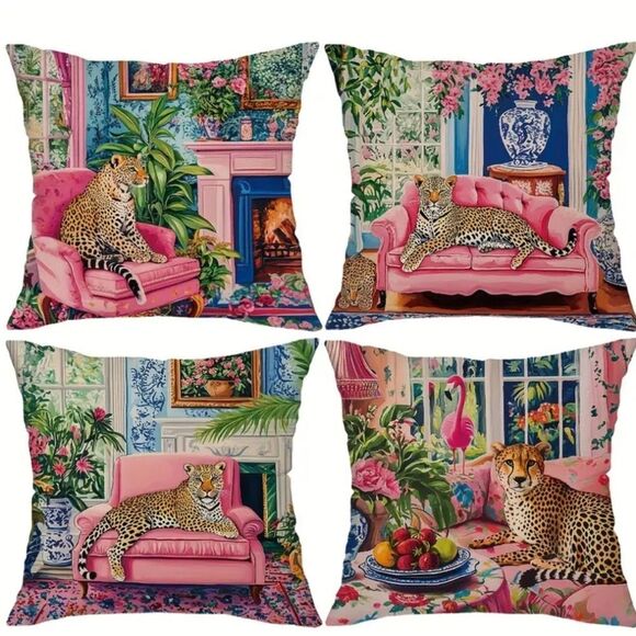 Leopard Print Decorative Linen Pillow Covers 4pc.Set - Picture 2 of 6